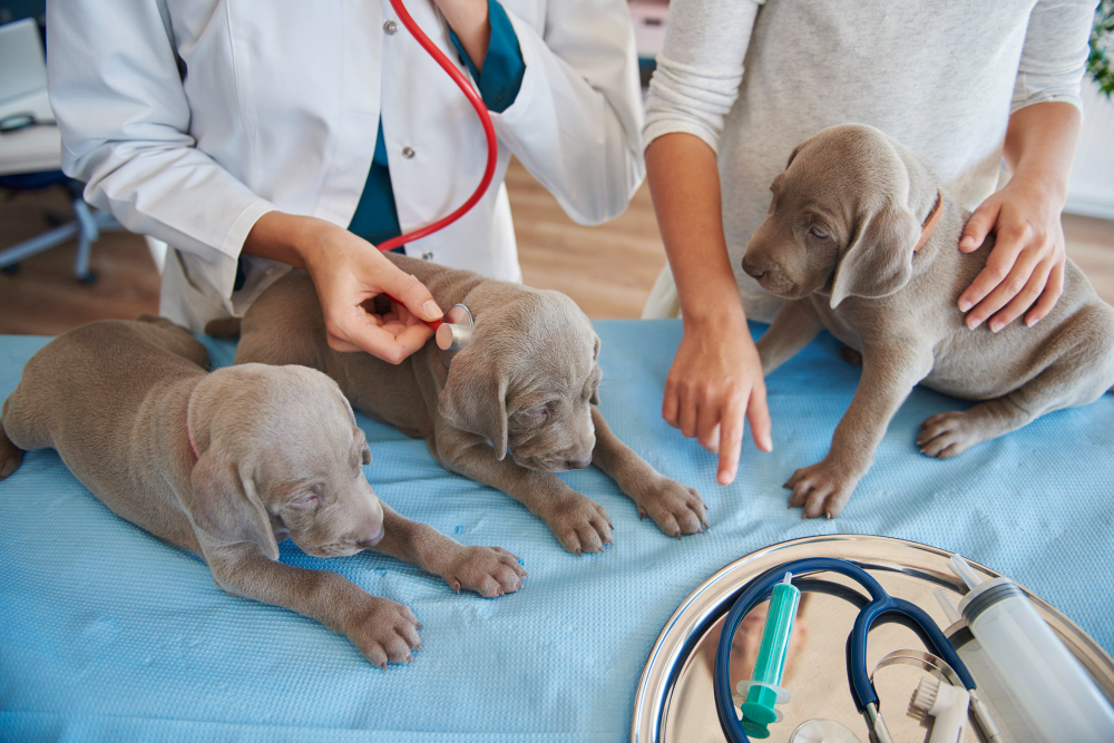 sleepy puppies examined at the vet