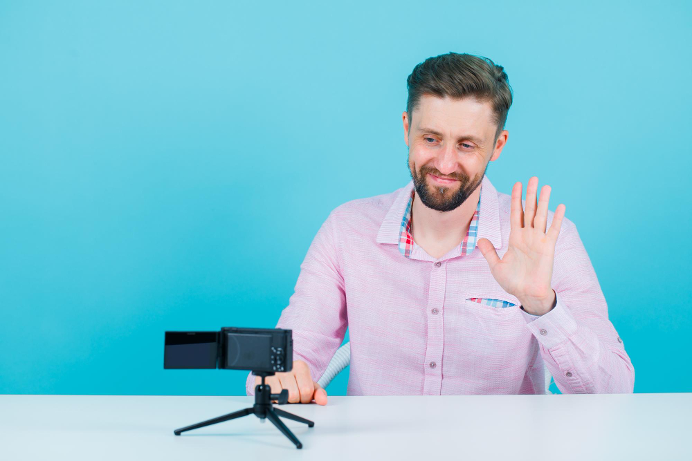 smiling blogger man is showing hi gesture by sitting front his mini camera blue background