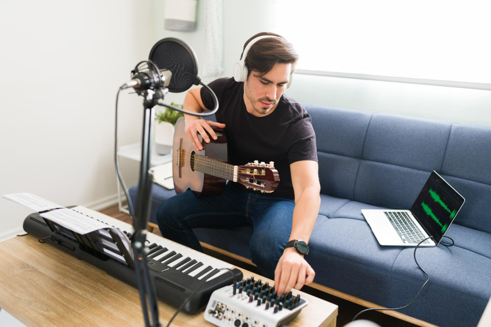 attractive male musician using sound mixer record song with acoustic guitar piano while sitting sofa